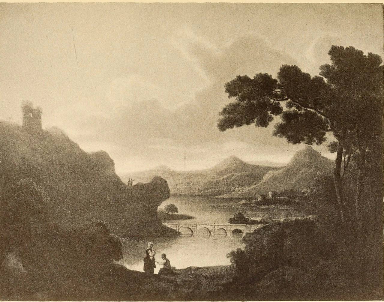 Paesaggio con ponte sul lago